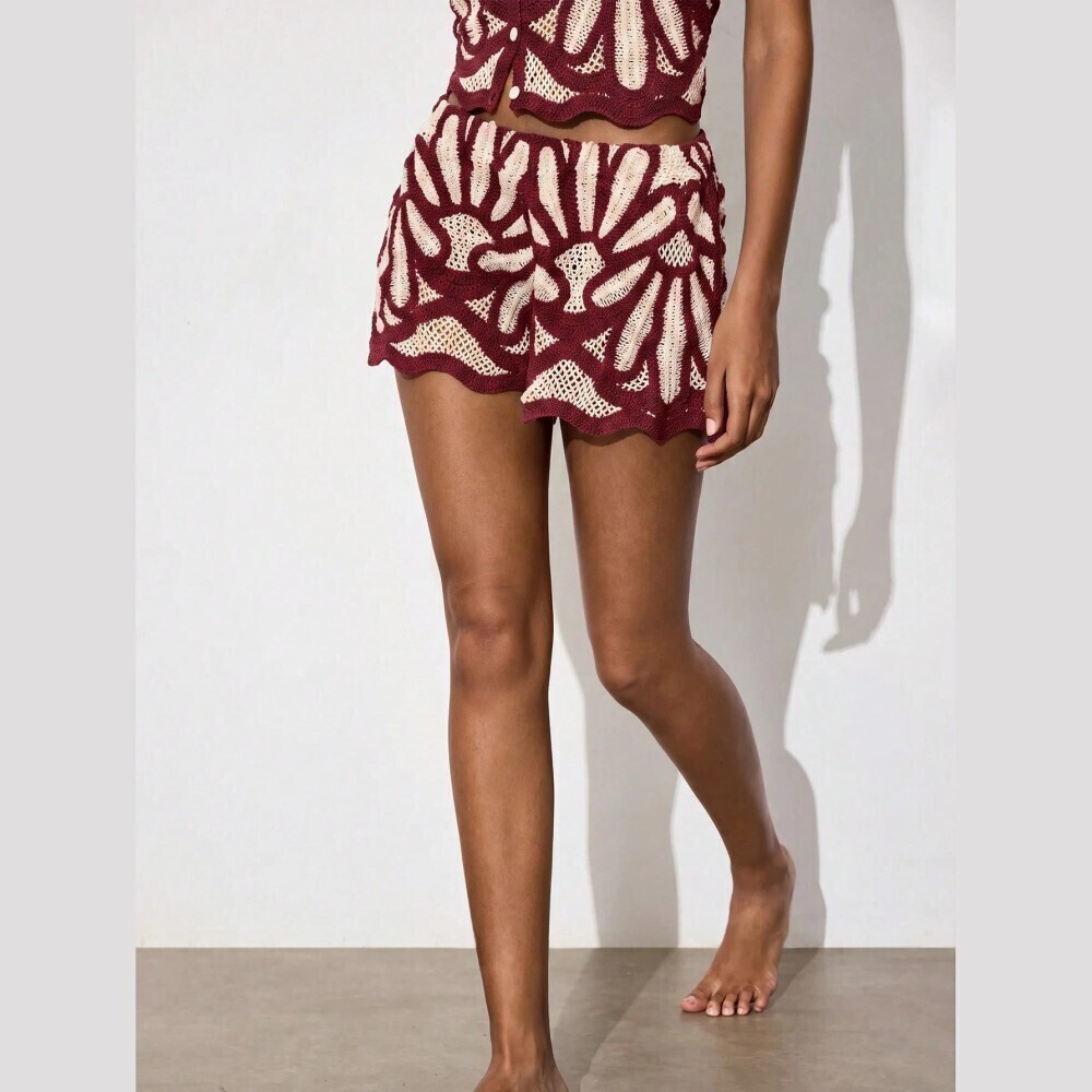 Burgundy Crochet Knit Mini Shorts with Scalloped Hem - Picture 6 of 7